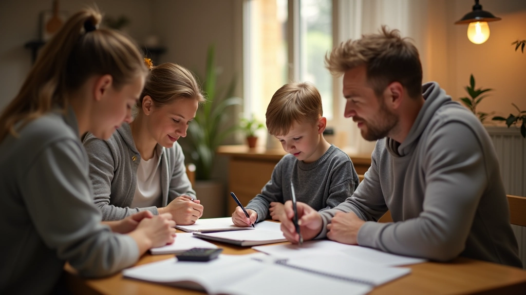 Familie analysiert Ausgaben zusammen am Esstisch
