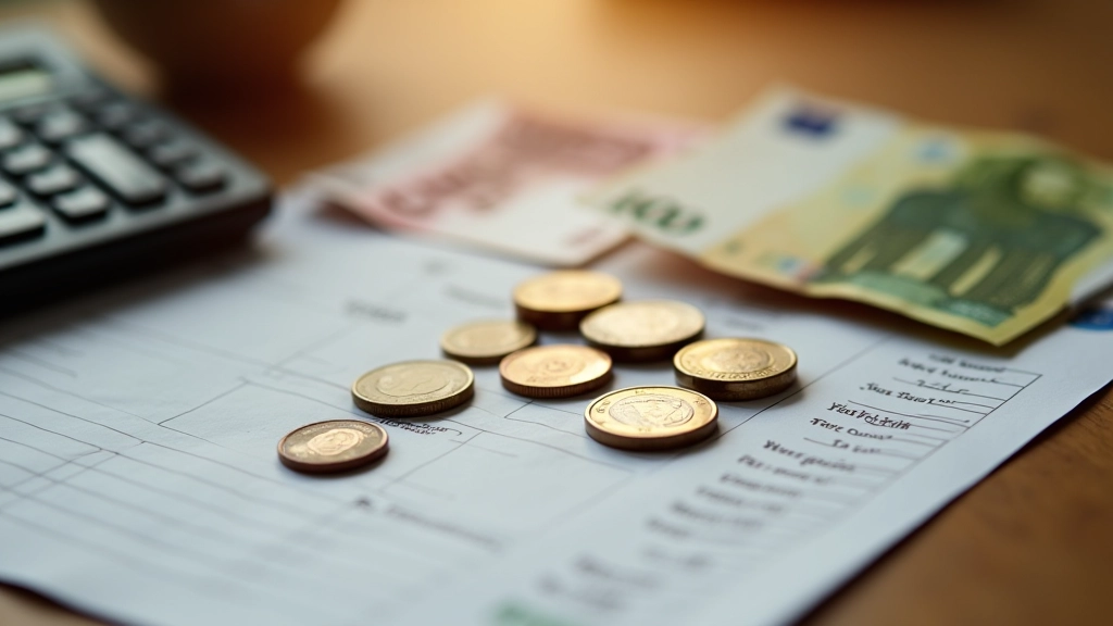 Nahaufnahme von Münzen und Scheinen auf Papier mit Budgetnotizen