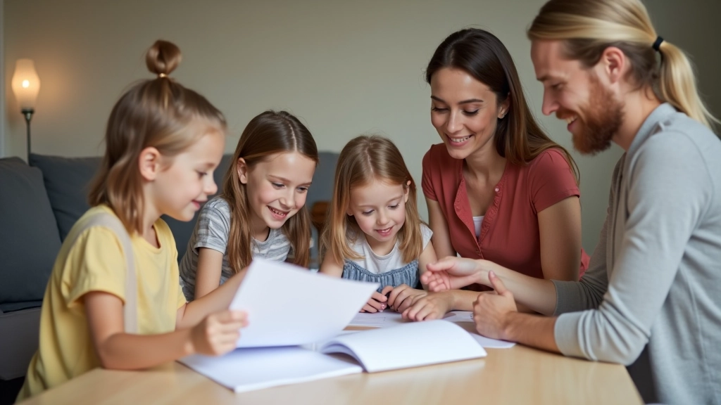 Familie sitzt zusammen und bespricht Budget-Pläne mit Notizen und Diagrammen
