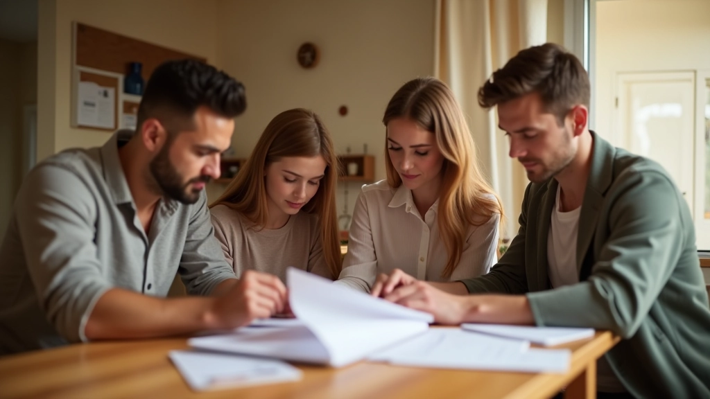 Familie plant gemeinsam ihr Finanzbudget am Küchentisch mit Notizblock und Kaffee