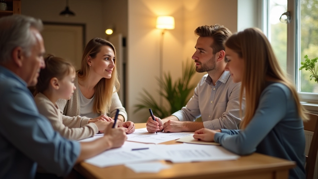 Familie sitzt zusammen am Tisch und bespricht Finanzplanung