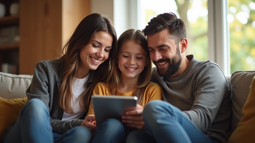 Familie sitzt gemeinsam auf der Couch und plant gemeinsam Sparplan am Tablet, gemütliches Wohnzimmer mit Tageslicht
