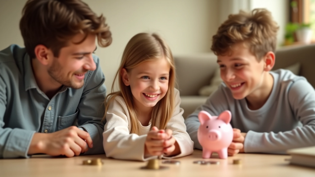Kind sitzt mit Eltern und lernt über Sparen und Budgetplanung