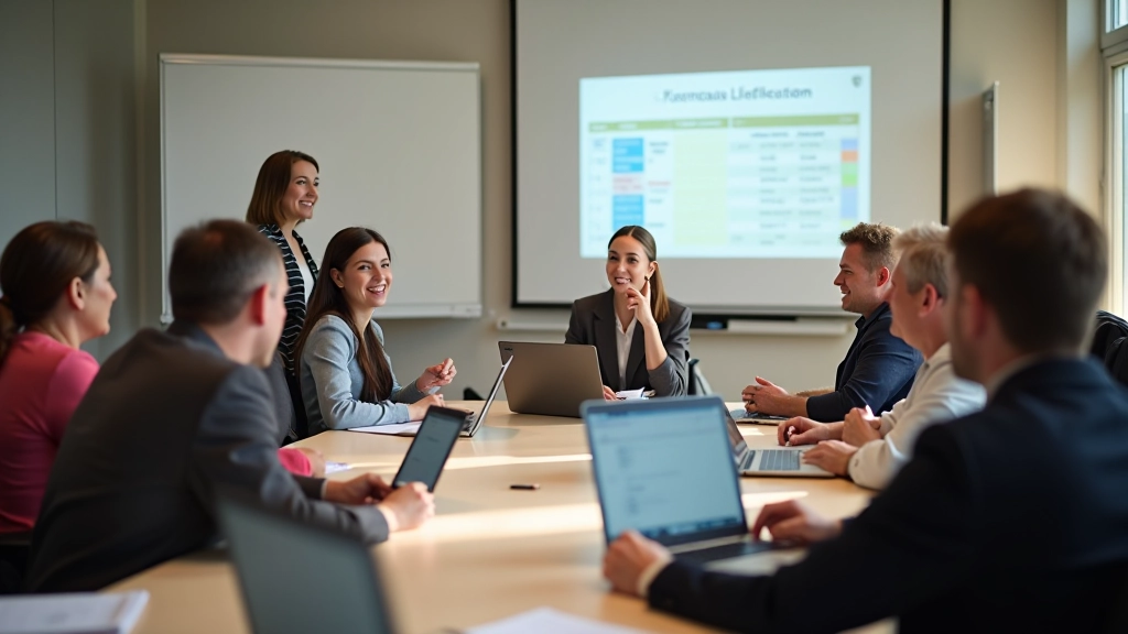 Workshop mit mehreren Personen und Laptops an einem großen Tisch