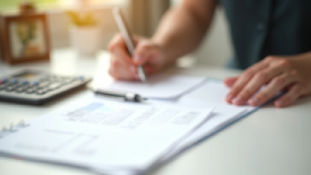 Handschriftliche Notizen und Finanzplanung auf Papier mit Stift und Taschenrechner auf Schreibtisch