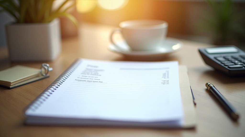 Notebook mit Budgetplan und Stift auf Holztisch mit Kaffee