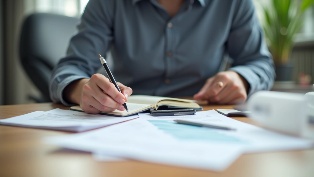 Person schreibt Ausgaben in ein Notizbuch mit Taschenrechner und Kontoauszügen auf dem Tisch